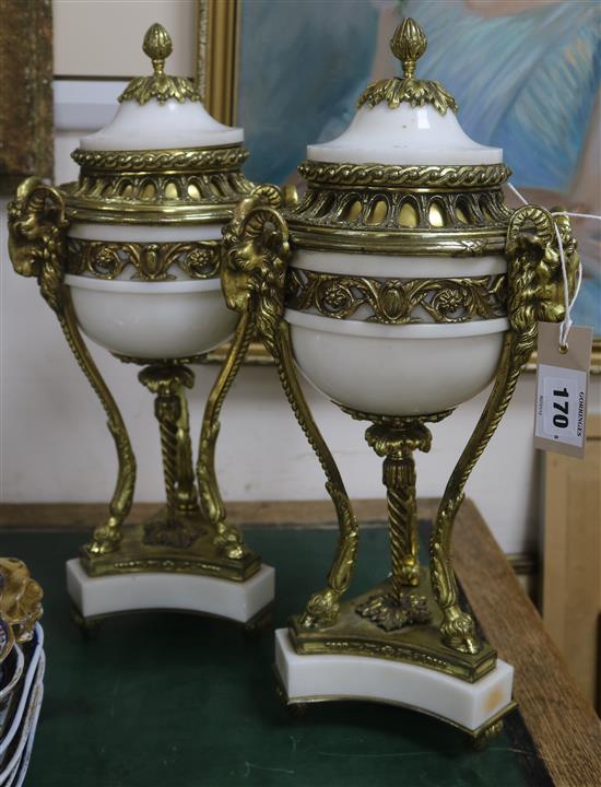 A pair of Louis XVI style white marble and gilt metal cassolettes, height 44.5cm